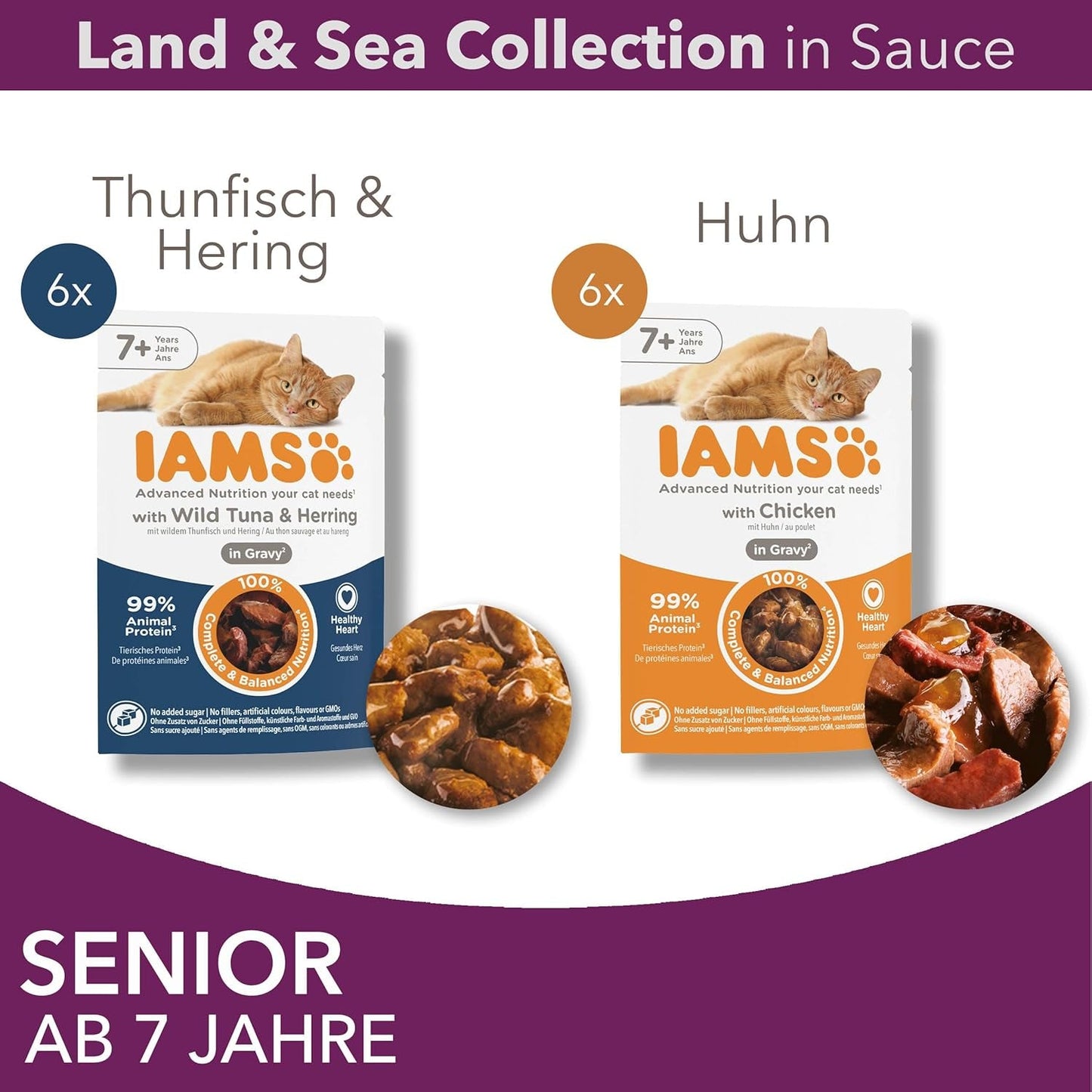 IAMS Delights Vådfoder til seniorkatte - Multipak med kylling og fisk i sauce, højkvalitets vådfoder til katte ældre end 7 år, 12 x 85g