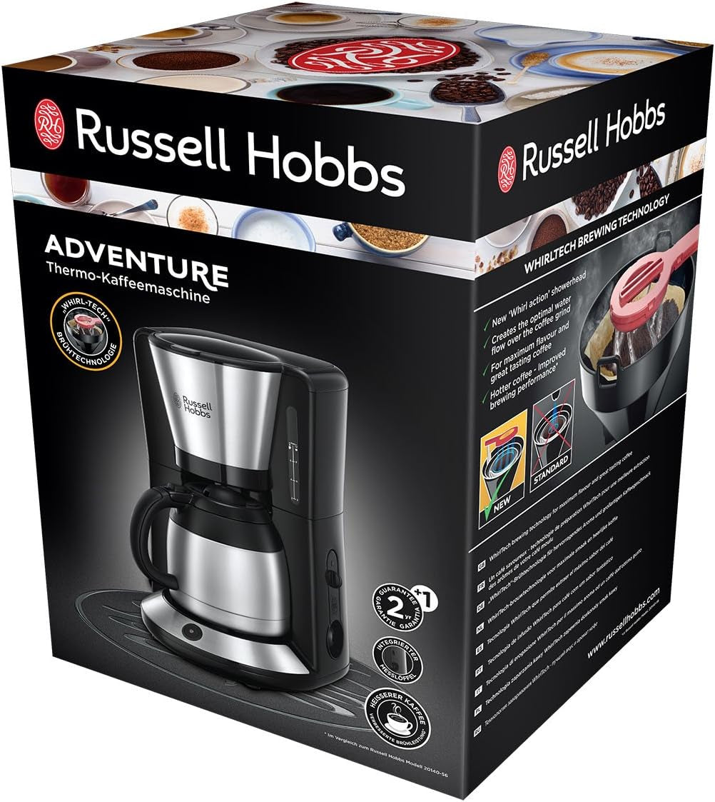 Russell Hobbs kaffemaskine [brusehoved for optimal udvinding og aroma] Adventure (1 til 8 kopper, 1,0 l termokande, automatisk sluk, anti-drypsystem, 1100W) Filterkaffemaskine 24020-56