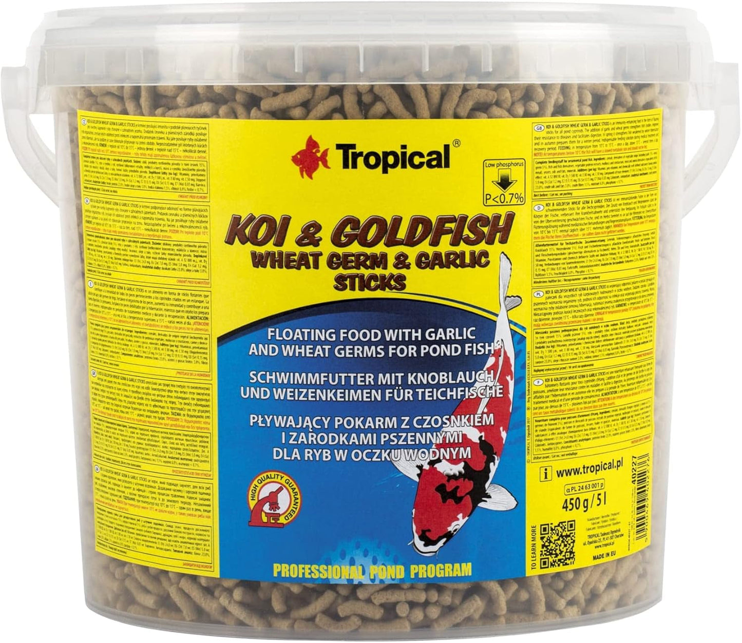 Hvedekim og hvidløgsstænger KOI&Goldfish 5L / 430g - Dammfiskefoder til daglig fodring af koi fisk i et bredt temperaturområde fra 8 til 30°C