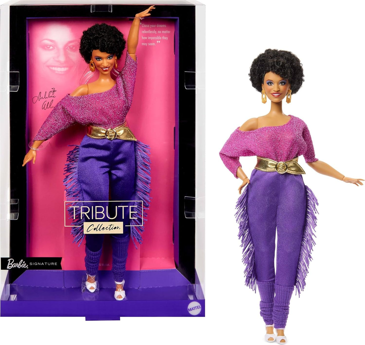 Barbie Signature Debbie Allen Tribute Collection dukke i off Shoulder-top, guldbælte og lilla frynsebukser og leggings, JBJ24