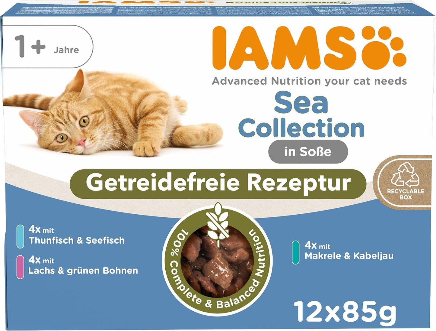 IAMS Delights Sea Collection Kornfrit våd kattefoder - Multipakke med forskellige fisk i sauce, Kornfrit vådfoder til katte fra 1 år, 12 x 85g