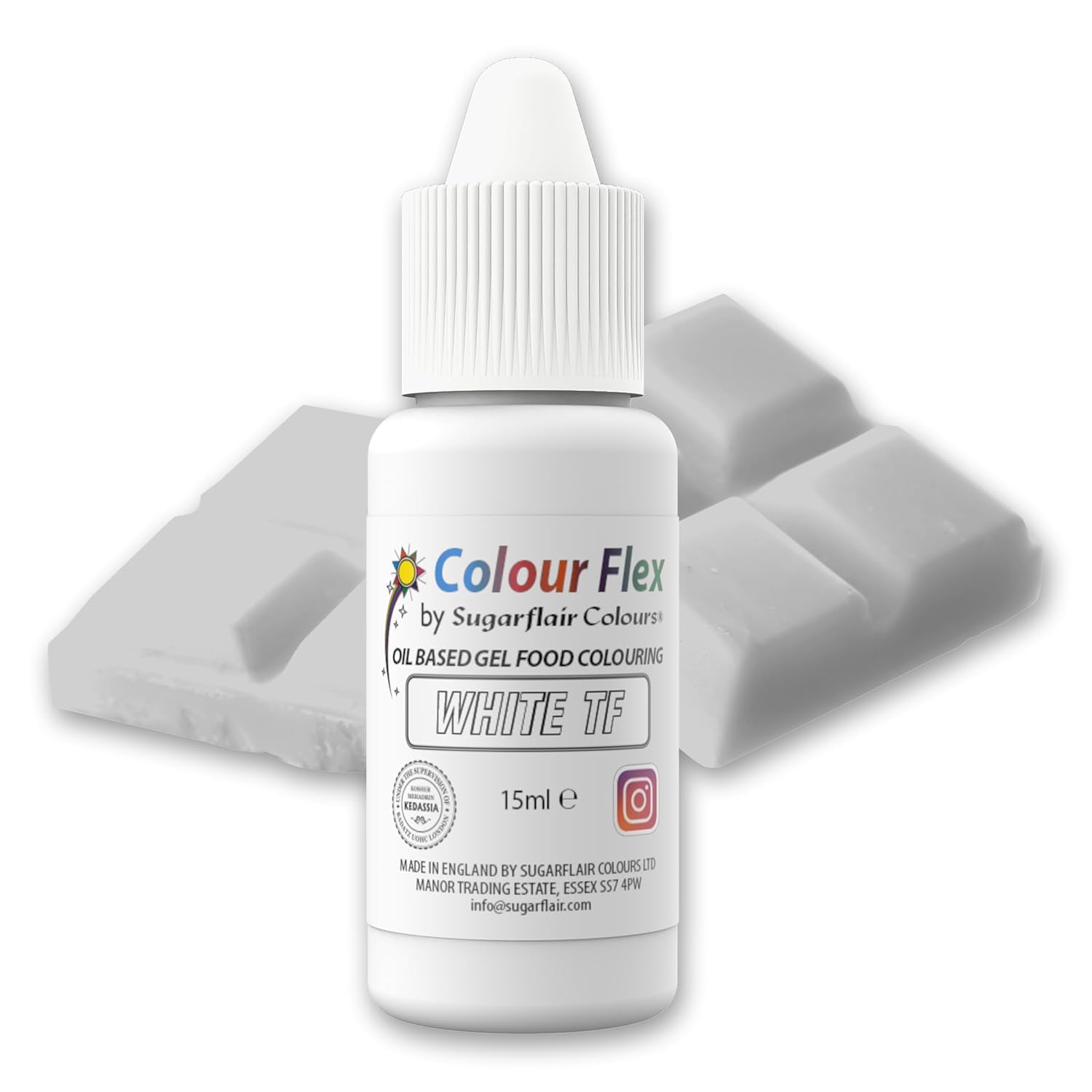 Sugarflair Colourflex hvid oliebaseret fødevarefarve, højkoncentreret flydende fødevarefarve, madfarve til smørcreme, chokolade, dej, fondant, glasur og mere - 15 ml