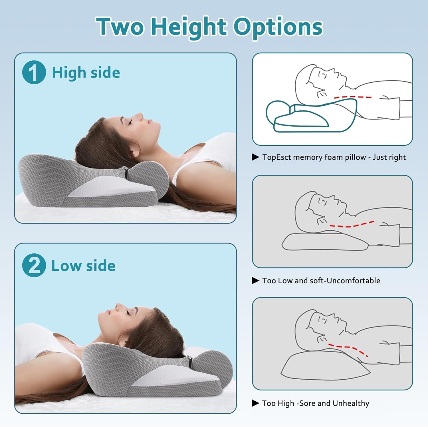 TopEsct Memory Foam-pude, sidesovepude, nakkepude, hovedpude til side- og rygsover (grå)