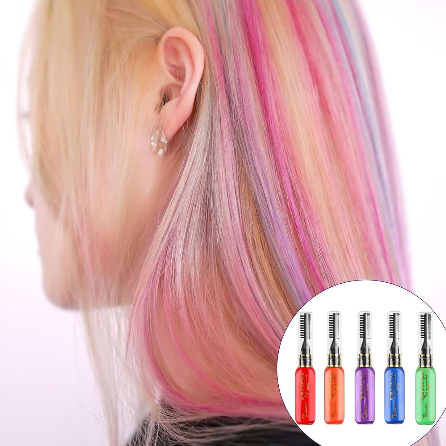 5 farver Midlertidig hårfarve Farvet hårvoks hårmascara Midlertidig hårfarvemascara til piger og kvinder Vaskbar hårfarve Kridt Velegnet til fødselsdage Cosplay DIY Halloween hårfarve Naty Shop