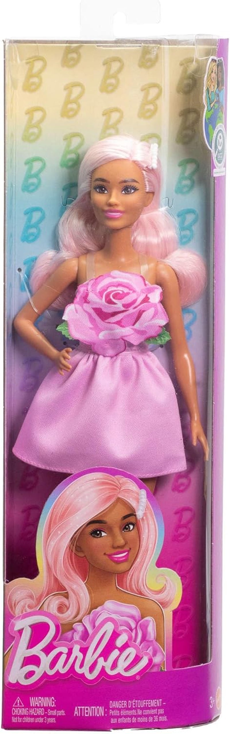 Barbie Fashionista dukke nr. 238 med pastellyserødt hår, stropløs kjole med pink overdel, perlehårklemme og høje hæle og hårspænder, HYT94