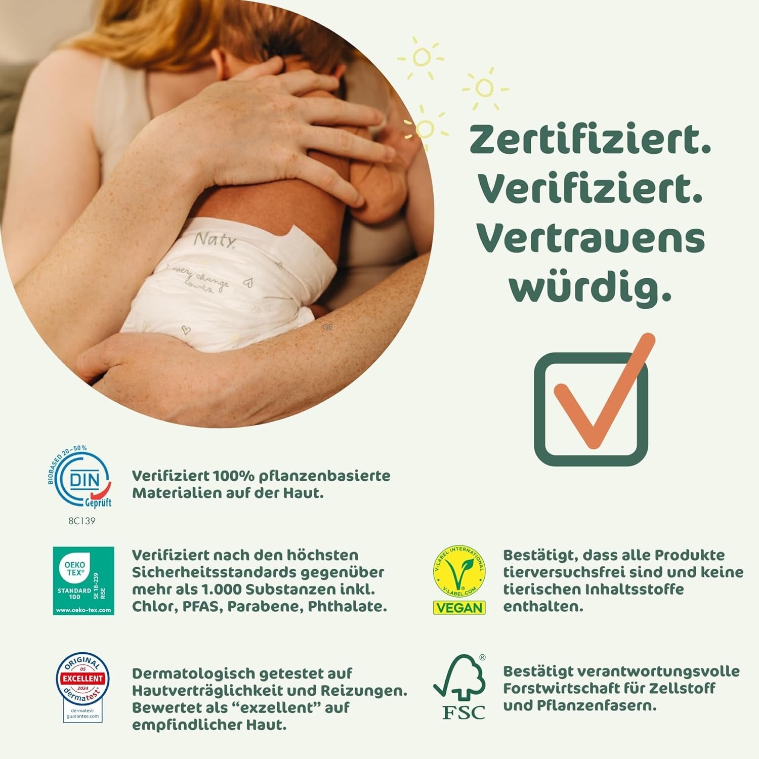 Naty BioEmbrace babybleer, størrelse 3 (4–9 kg) | 100% plantebaserede materialer, skånsomme mod huden | Åndbar blødhed, dermatologisk testet, fremragende absorption | 100 stk.