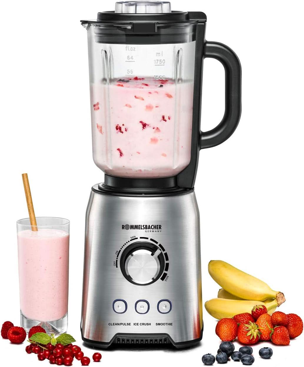 ROMMELSBACHER Standmixer MX 1250-22.000 U/Min, Stufenlose Drehzahlregulierung, Funktionsstasten (Smoothie, Clean/Pulse, Ice Crush), Glaskrug, Edelstahlgehäuse, Spezialmesser, 1200 Watt Kitchen Naty Shop