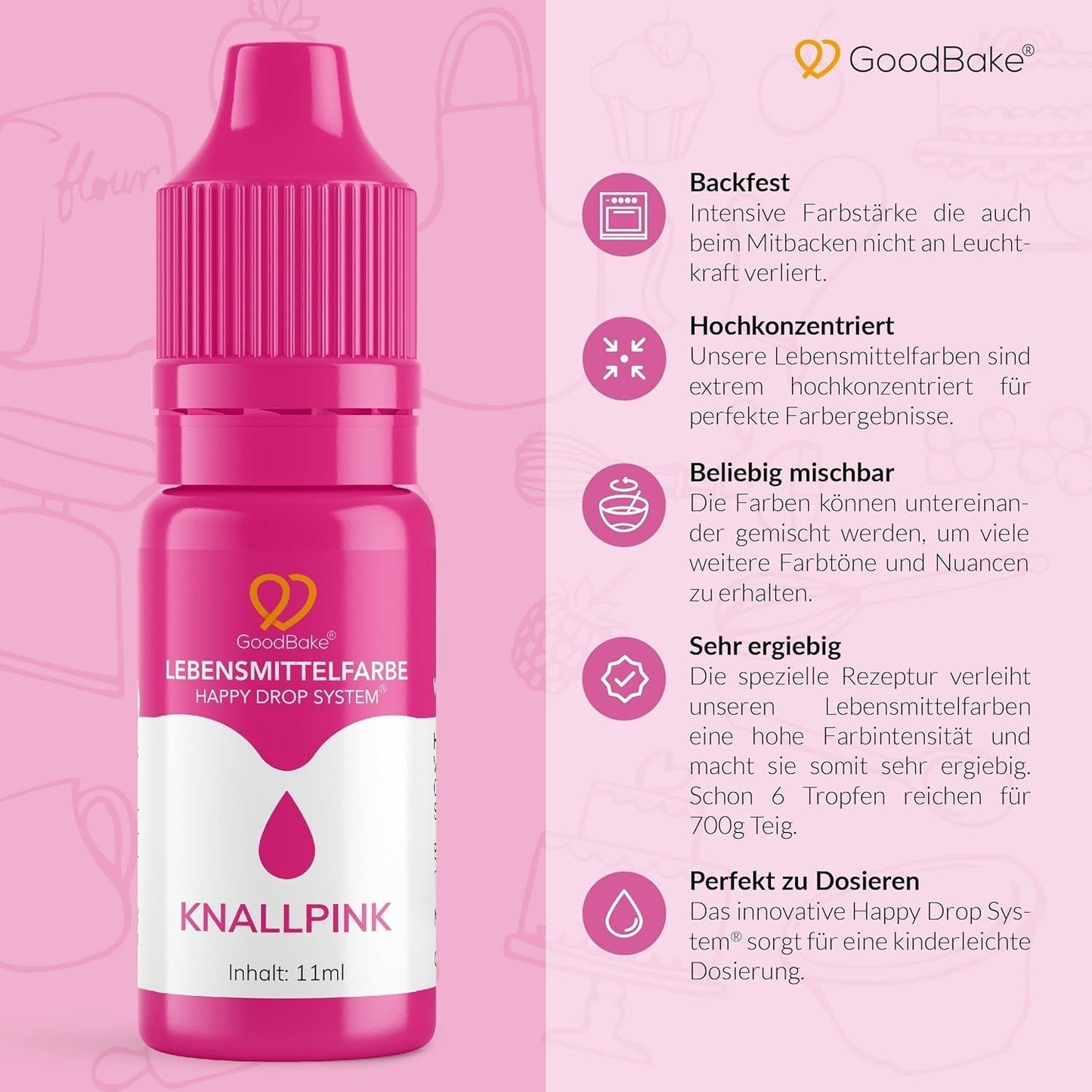 Goodbake Pink Food Coloring (11ml) - Intens Food Coloring - Meget koncentreret farve - Til farvning af kager, fondant, smørcreme, drinks, slim og mange andre ting. 100% vegansk