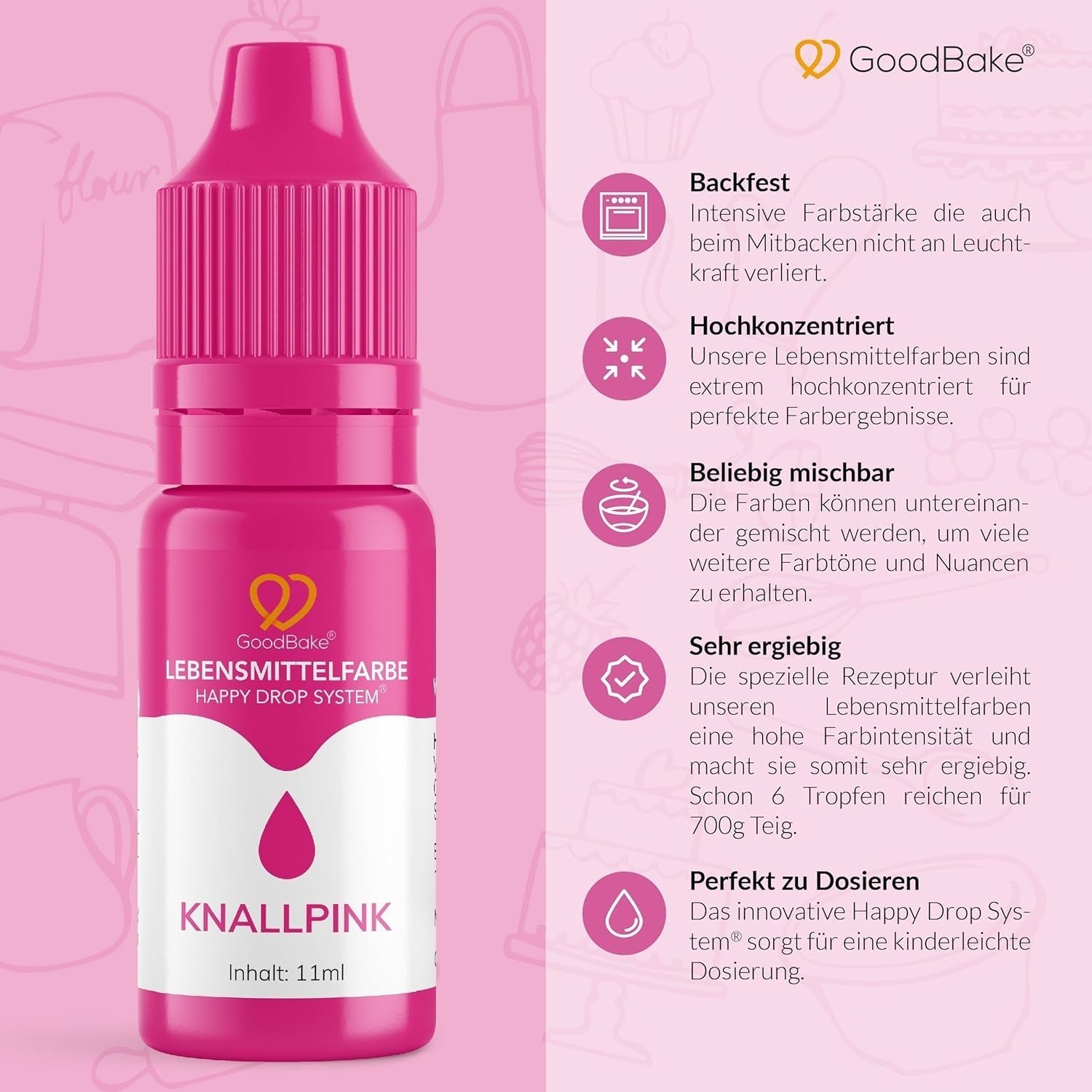 Goodbake Pink Food Coloring (11ml) - Intens Food Coloring - Meget koncentreret farve - Til farvning af kager, fondant, smørcreme, drinks, slim og mange andre ting. 100% vegansk