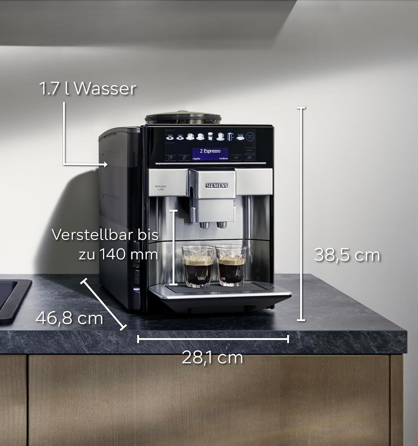 Automatisk espressomaskine Siemens EQ.6 plus s700 TE657503DE, til mange kaffespecialiteter, mælkeskummer, keramisk kværn, dobbelt kaffefunktion, anti-kalk, automatisk damprensning, 1500 W, rustfrit stål