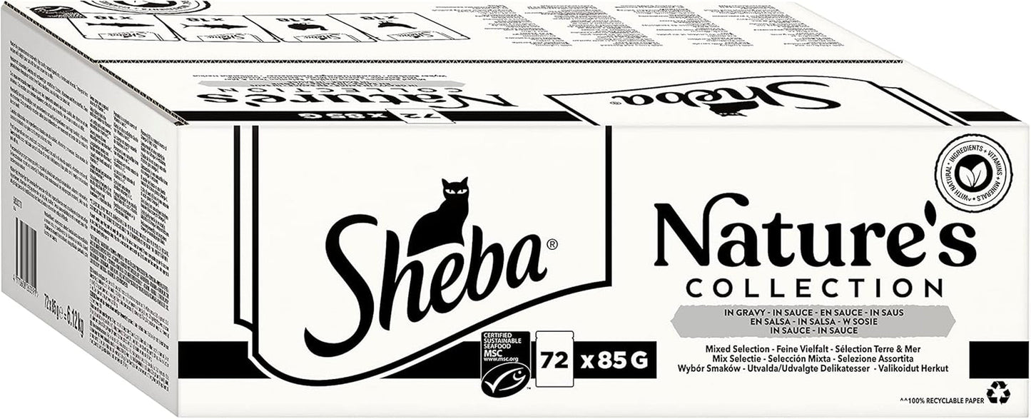 SHEBA Nature's Collection i sovs - højkvalitets våd kattefoder, fine varianter (MSC) i portionsposer - 72 x 85 g