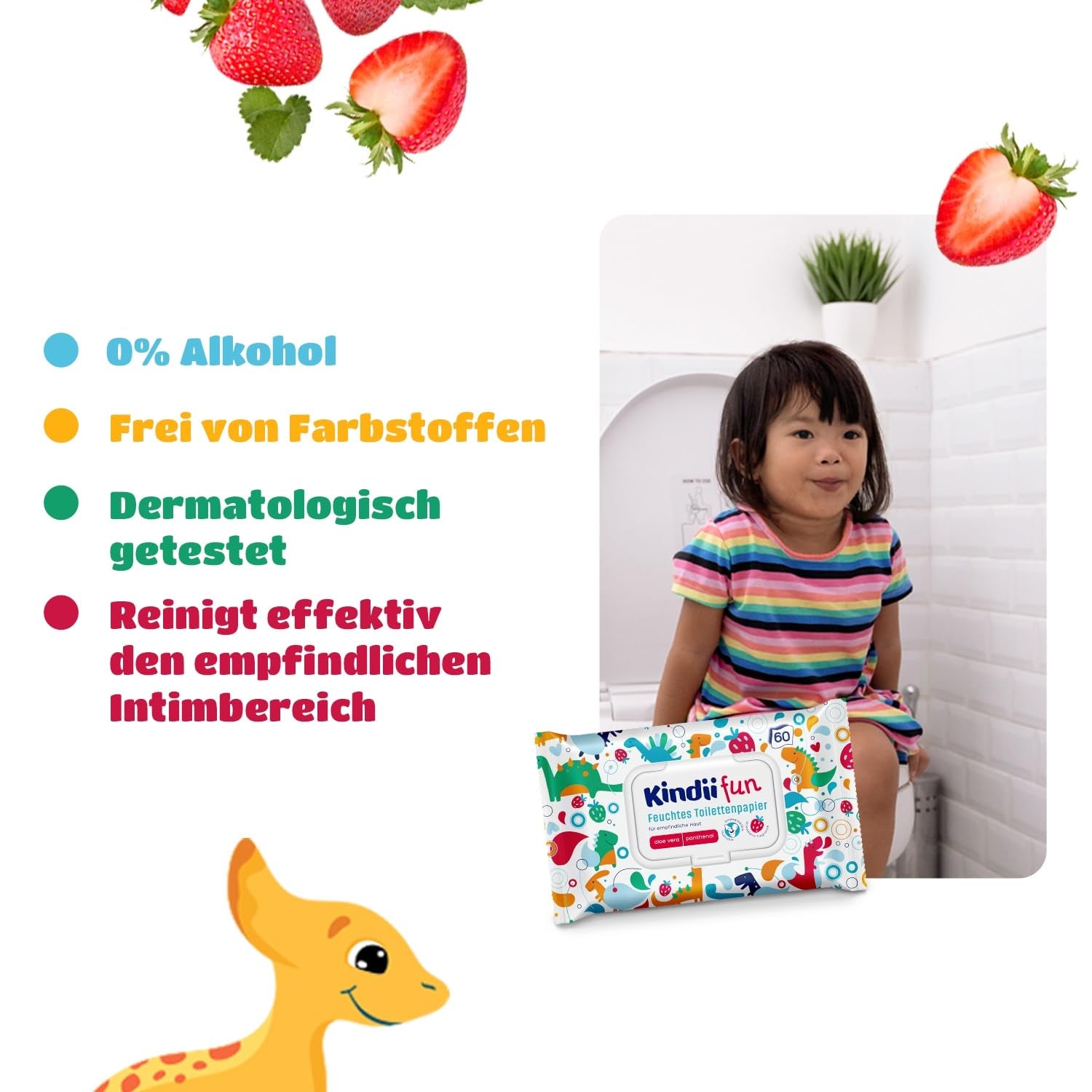 Kindii Fun Wet Toilet Paper - (10X60 stk.) Vådt toiletpapir - Kamille, Aloe Vera, Ph-neutral, Vandbar, Opfrisker det intime område - 600 stk.