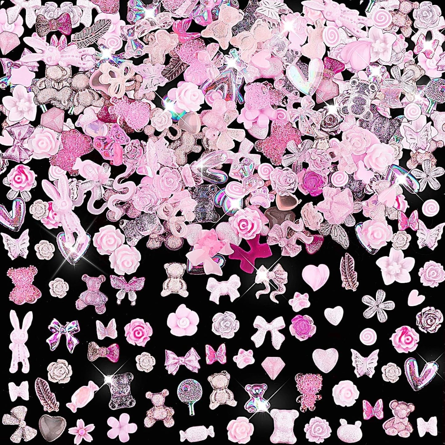 200 stykker Nail Art Charms 3D Nail Art Dekorationssæt Sløjfe Negle Pendant Pink Blandet Sløjfe Blomst Bamse Slikkepind Hjerteform Negle Art Dekoration DIY Craft Negle Design