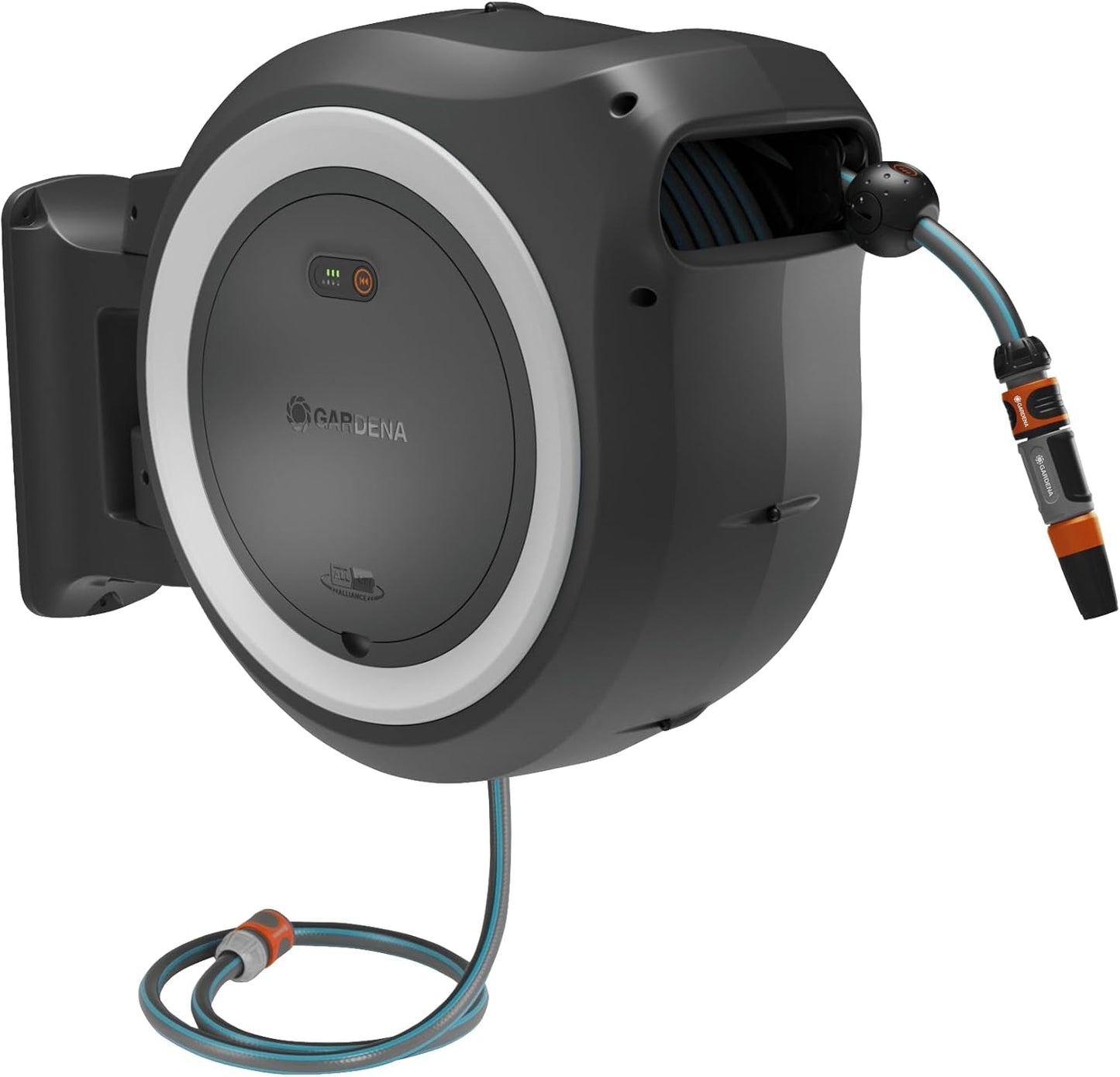 Gardena PowerRoll XXL Solo ledningsfri vægslangeboks: Automatisk slangetromle med 40 m haveslange, slangeføring og rullekontrol, batteridrevet, UV- og frostbestandig (18647-55)