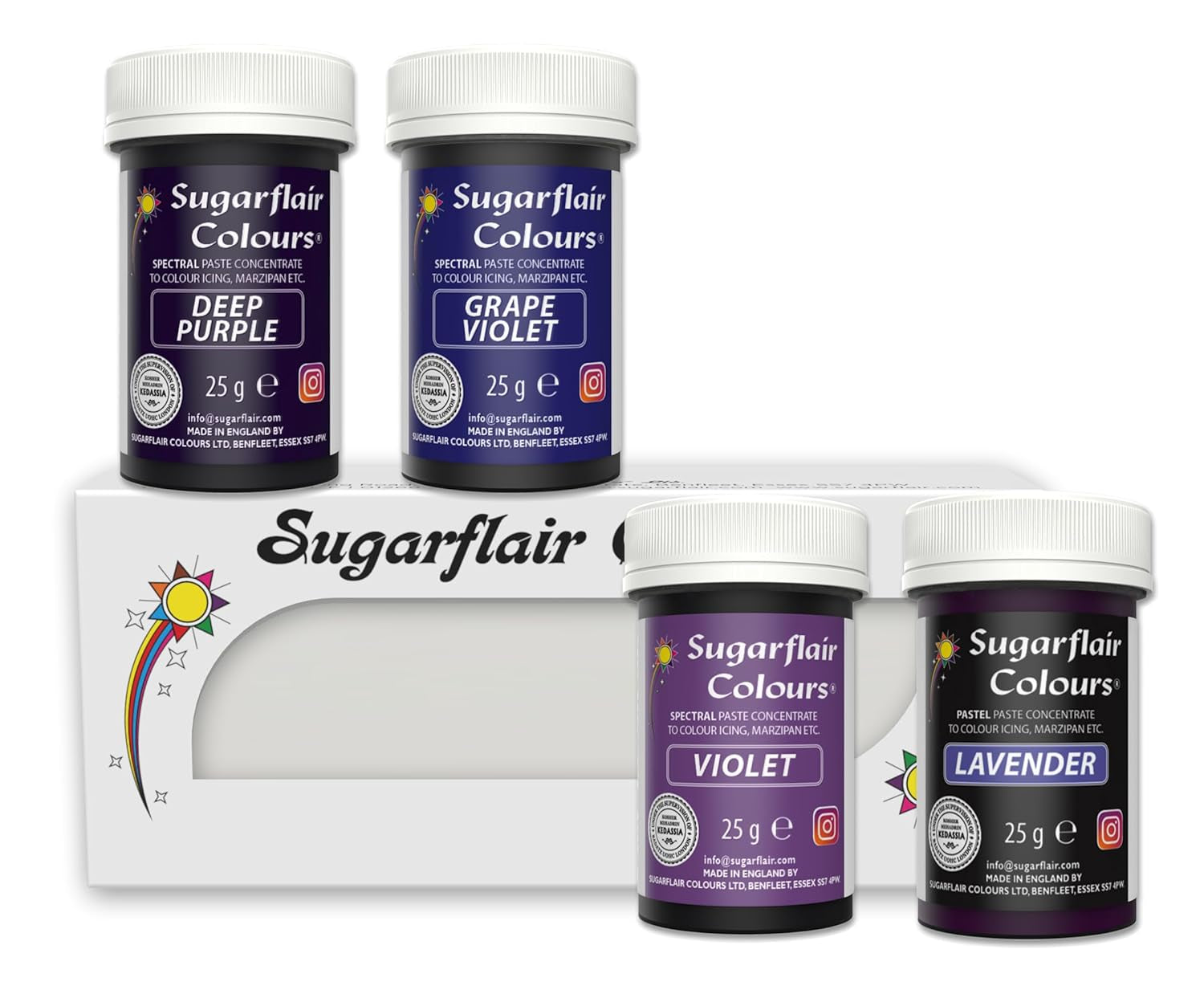 Sugarflair Pasta Madfarve Lilla Sæt med 4 Pasta Madfarve Fondant Marcipan Sukkerpasta Smørcreme og mere: Lilla, Lavendel, Drue Lilla, Deep Purple - Sæt med 4