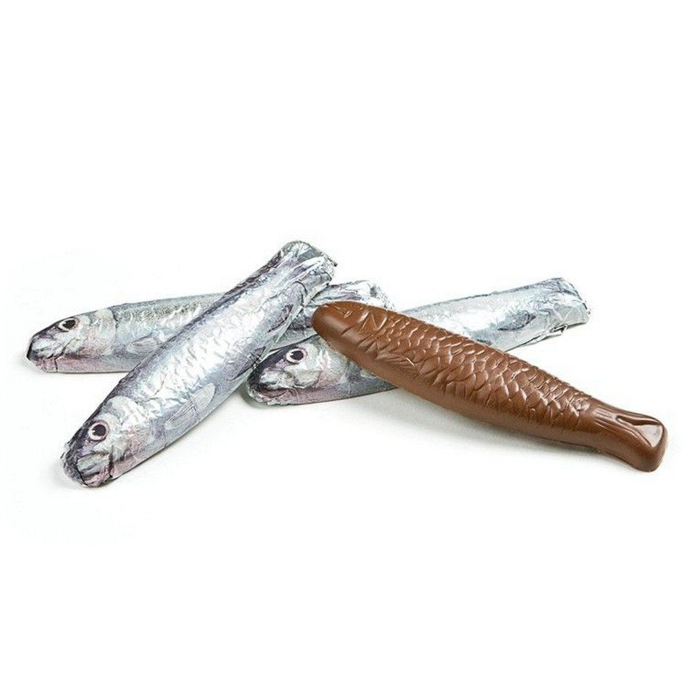 Chokolade sardiner - dåse - fem chokolade fisk | Sjov chokoladegave | Chokolade fisk | Fiskefigurer | Ingen alkohol