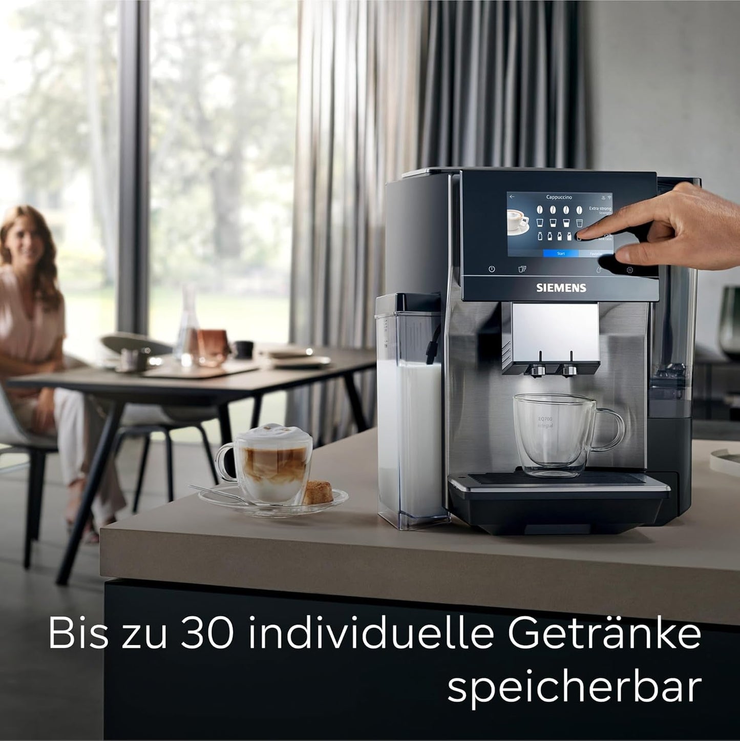 Siemens EQ700 fuldautomatisk espressomaskine, stor TFT-farveskærm, 36 varme og kolde drikke, koldbryg, 2 kops funktion, app kontrol, automatisk rengøringssystem, sort rustfrit stål, TQ717D03