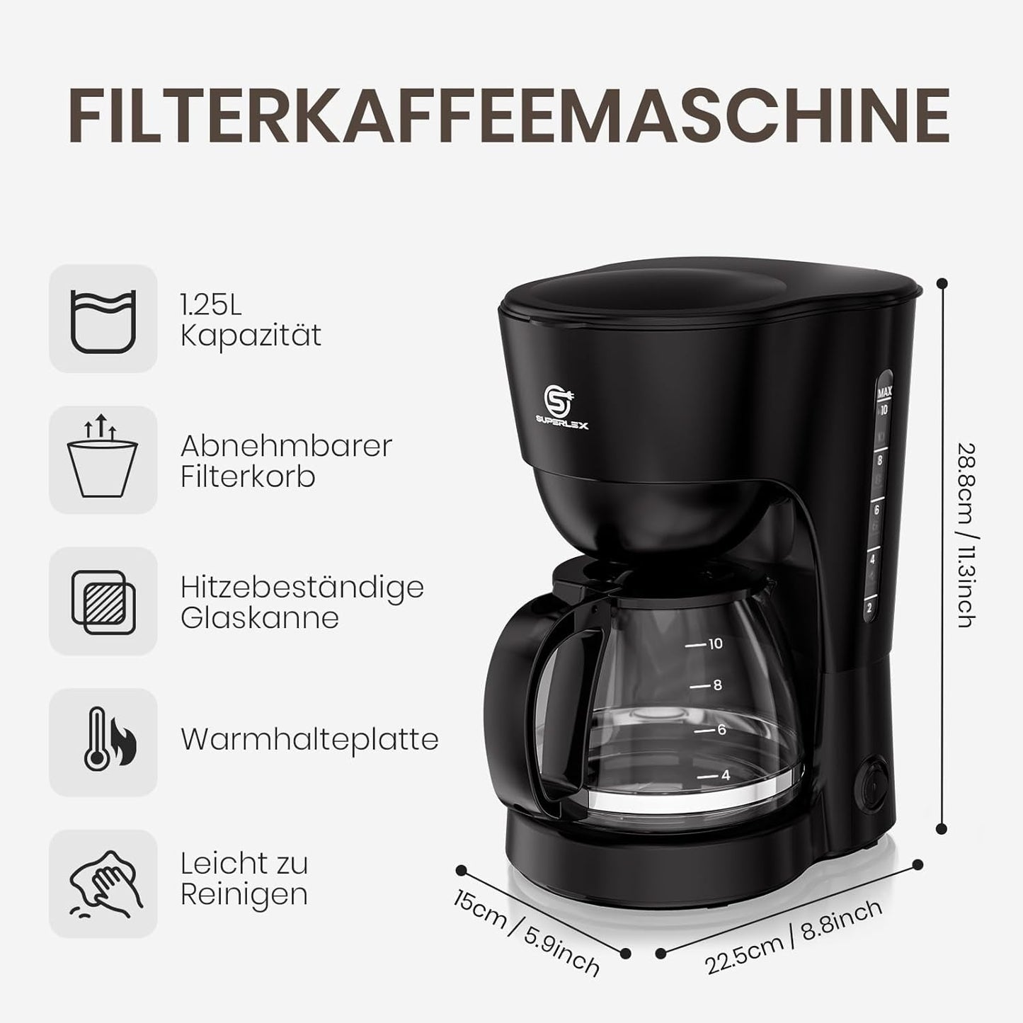 1,25L filterkaffemaskine til 10 kopper filterkaffe, glaskaraffel, der tåler opvaskemaskine, termokande, anti-drypsystem, automatisk sluk, 600W, vandfri kogebeskyttelse til hjemmet og kontoret