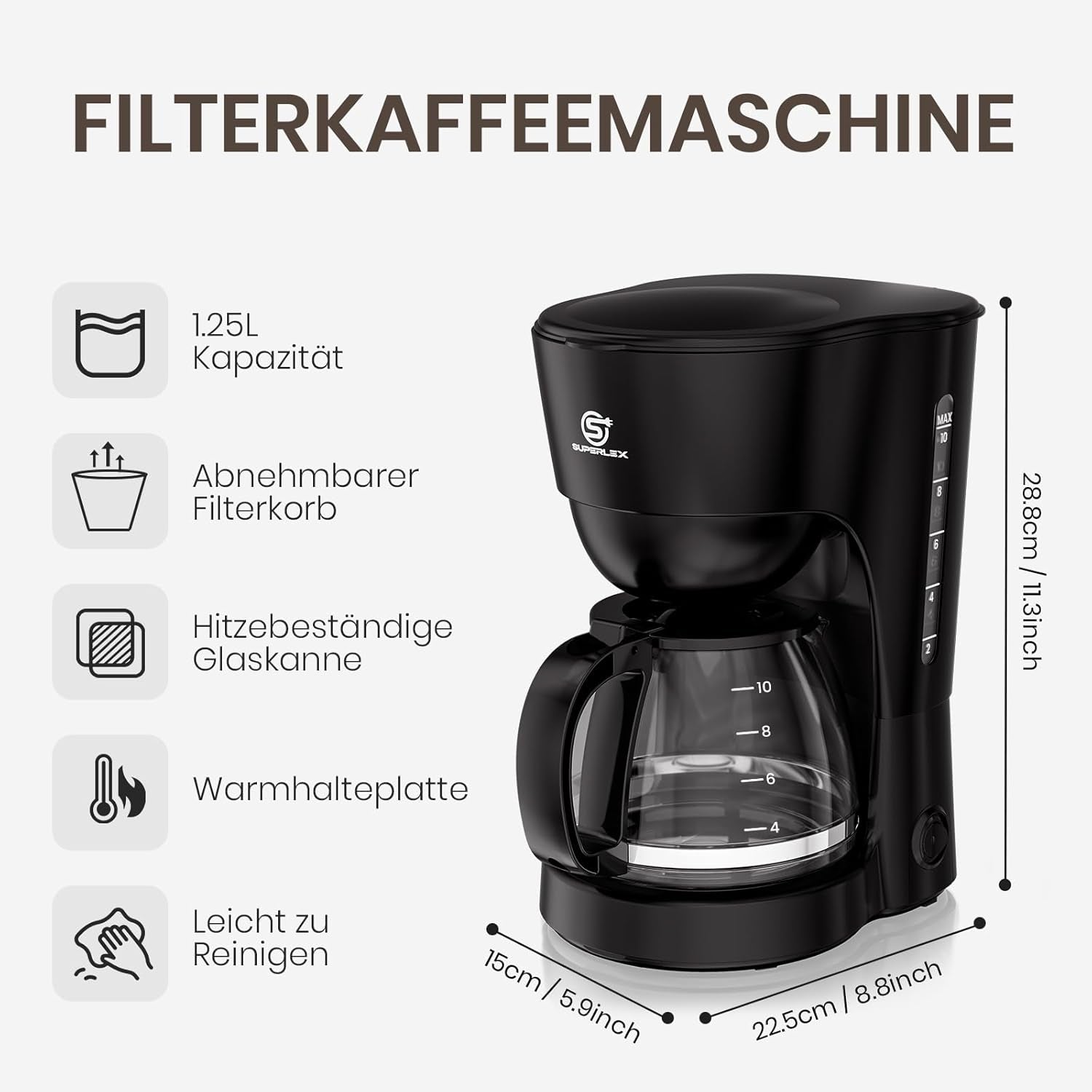 1,25L filterkaffemaskine til 10 kopper filterkaffe, glaskaraffel, der tåler opvaskemaskine, termokande, anti-drypsystem, automatisk sluk, 600W, vandfri kogebeskyttelse til hjemmet og kontoret
