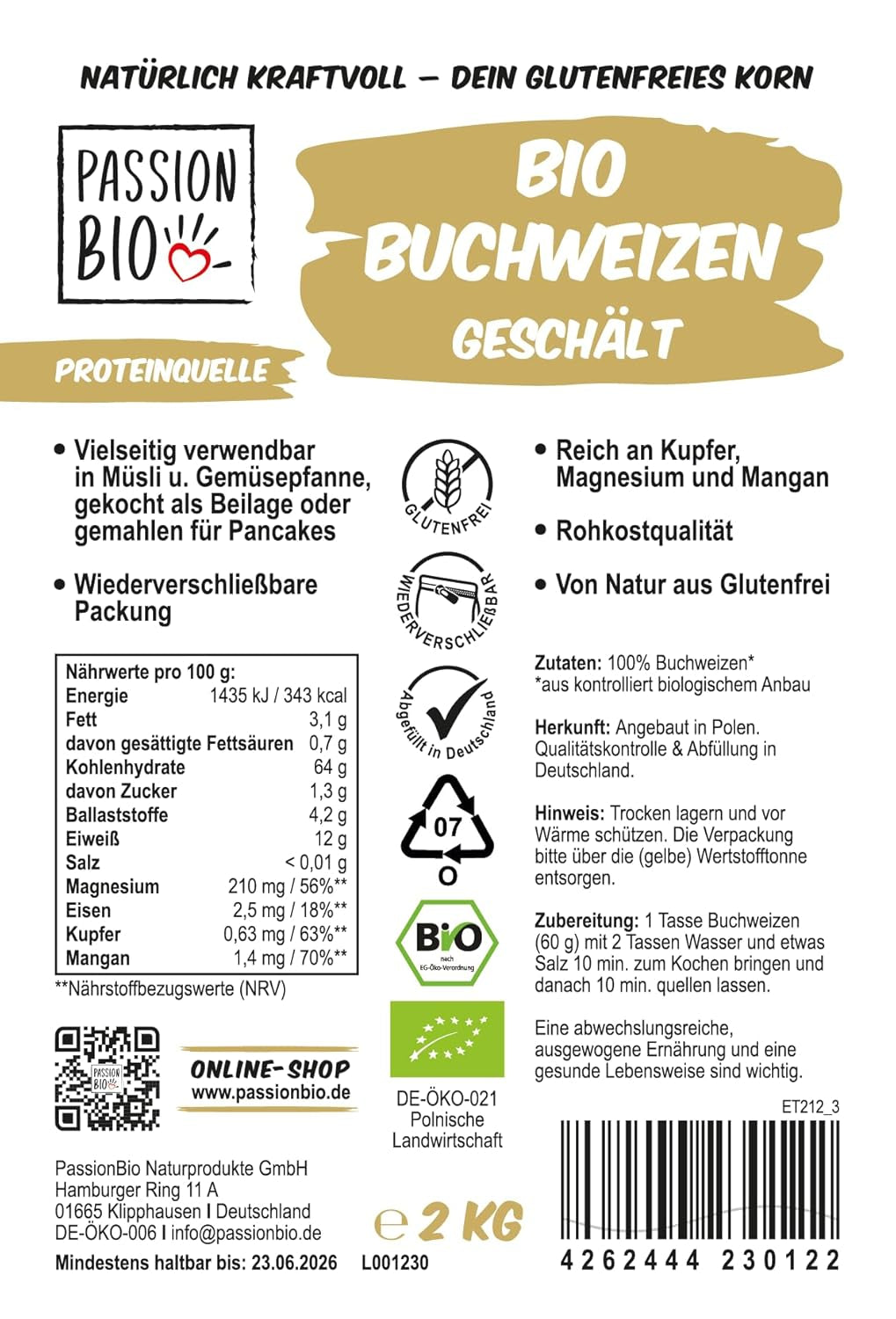 PassionBio økologisk boghvede 2 kg - genlukkelig emballage - råkostkvalitet