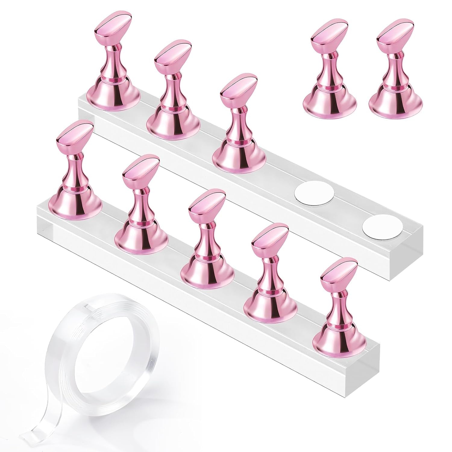Makartt Akryl negleholder, magnetisk negleholder, negleholder, transparent pink negleholder med 48 klæbende kit