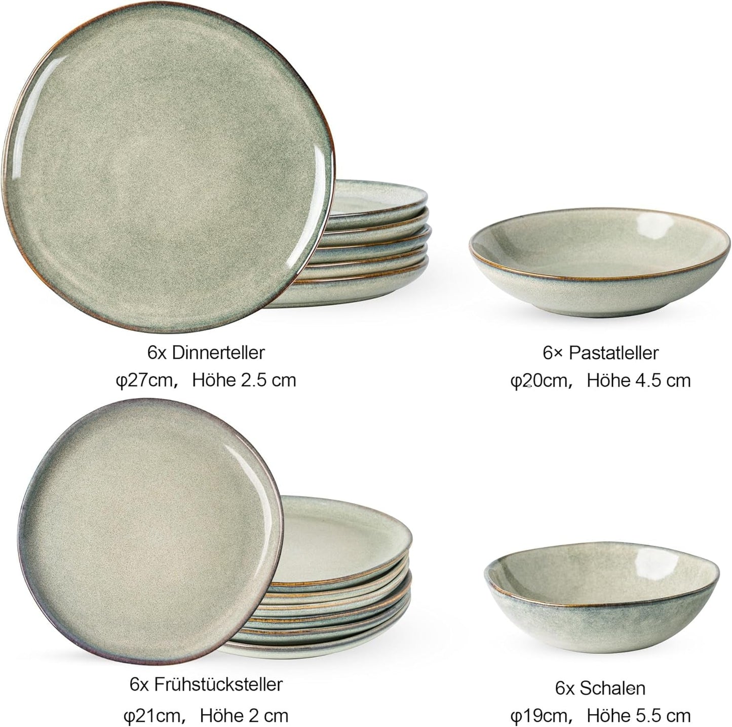 GBhome 6-personers keramisk porcelænssæt 24-dele reaktiv glasur Håndlavet mikroovn og opvaskemaskine Tåler skål og tallerkensæt Desret Sage GDW007GY-24P-EU