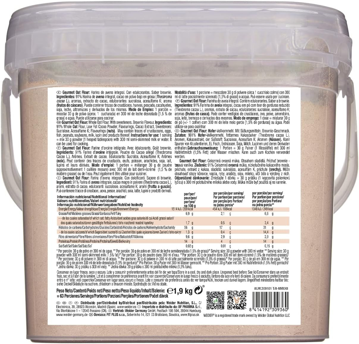 Weider Gourmet Oatmeal (1,9 kg) browniesmag. Fuldkorns havregryn. Proteinkilde med lavt sukkerindhold.