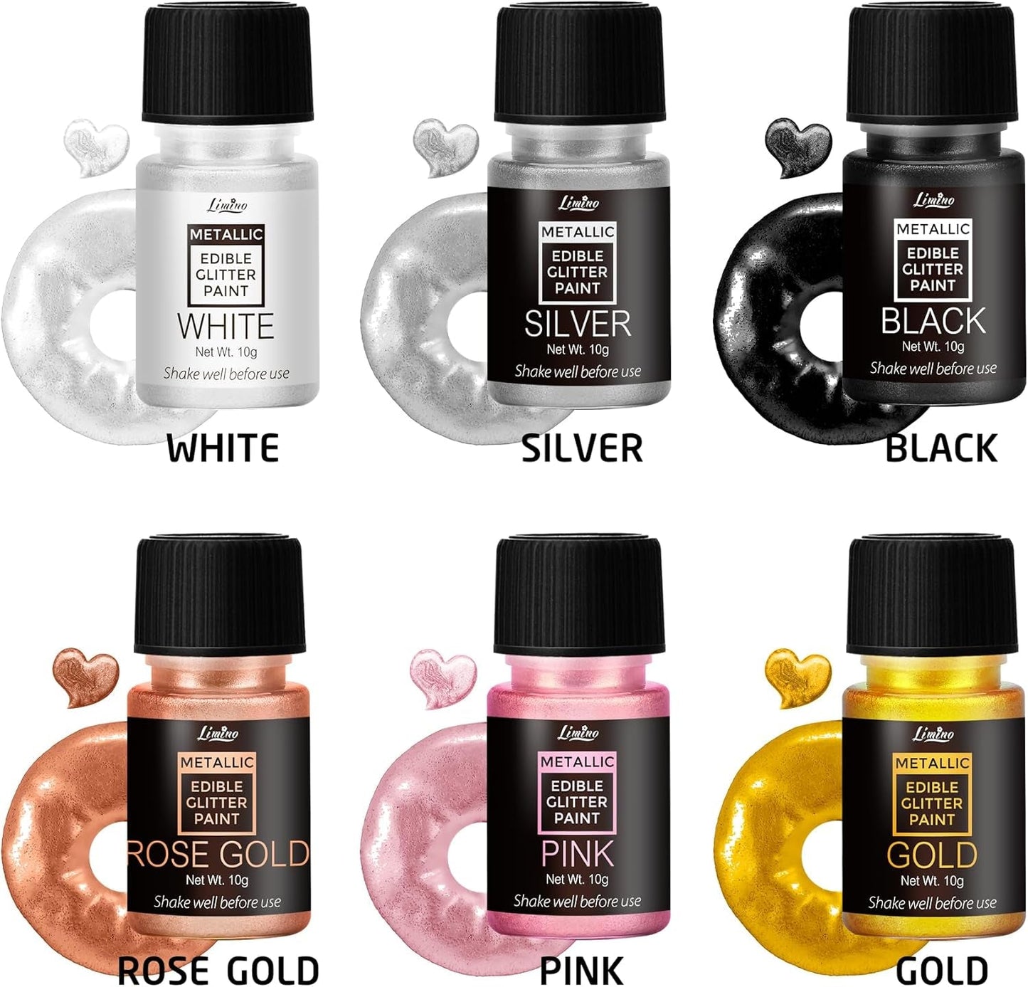 Flydende spiseligt glitter - 6 metalliske farver, flydende spiseligt glitterpulver til kagepynt, bagning, macarons - metallisk madfarve, glitterfarver til småkager, fondant, kager, muffins