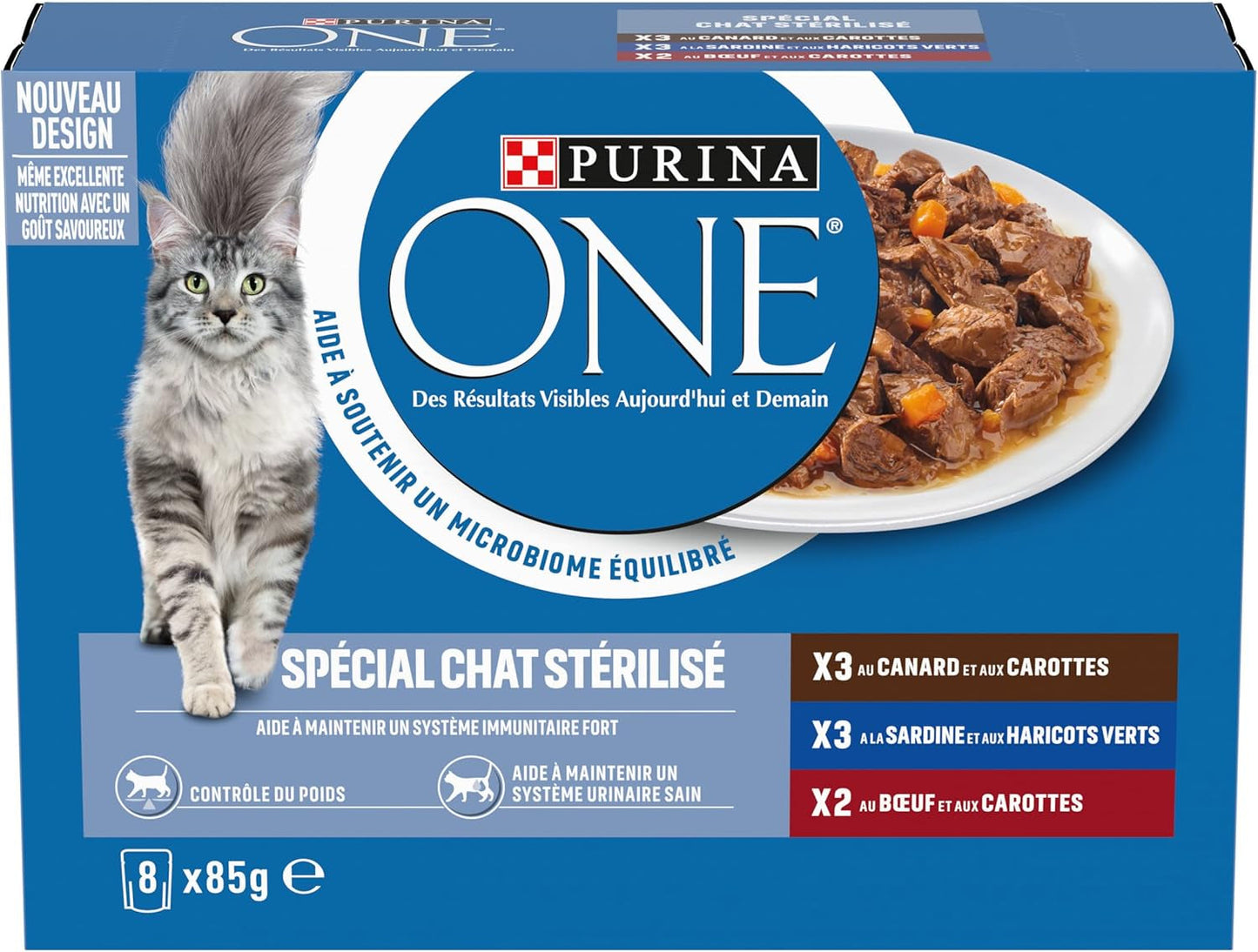 PURINA ONE | BIFENSIS | Foder til steriliserede voksne katte | Understøtter kattens vitalitet, knogler, muskler og led | I sauce | Poser med and, sardiner, oksekød, friskhed | 1 stk (8 x 85 g)
