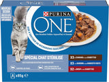 PURINA ONE | BIFENSIS | Foder til steriliserede voksne katte | Understøtter kattens vitalitet, knogler, muskler og led | I sauce | Poser med and, sardiner, oksekød, friskhed | 1 stk (8 x 85 g)