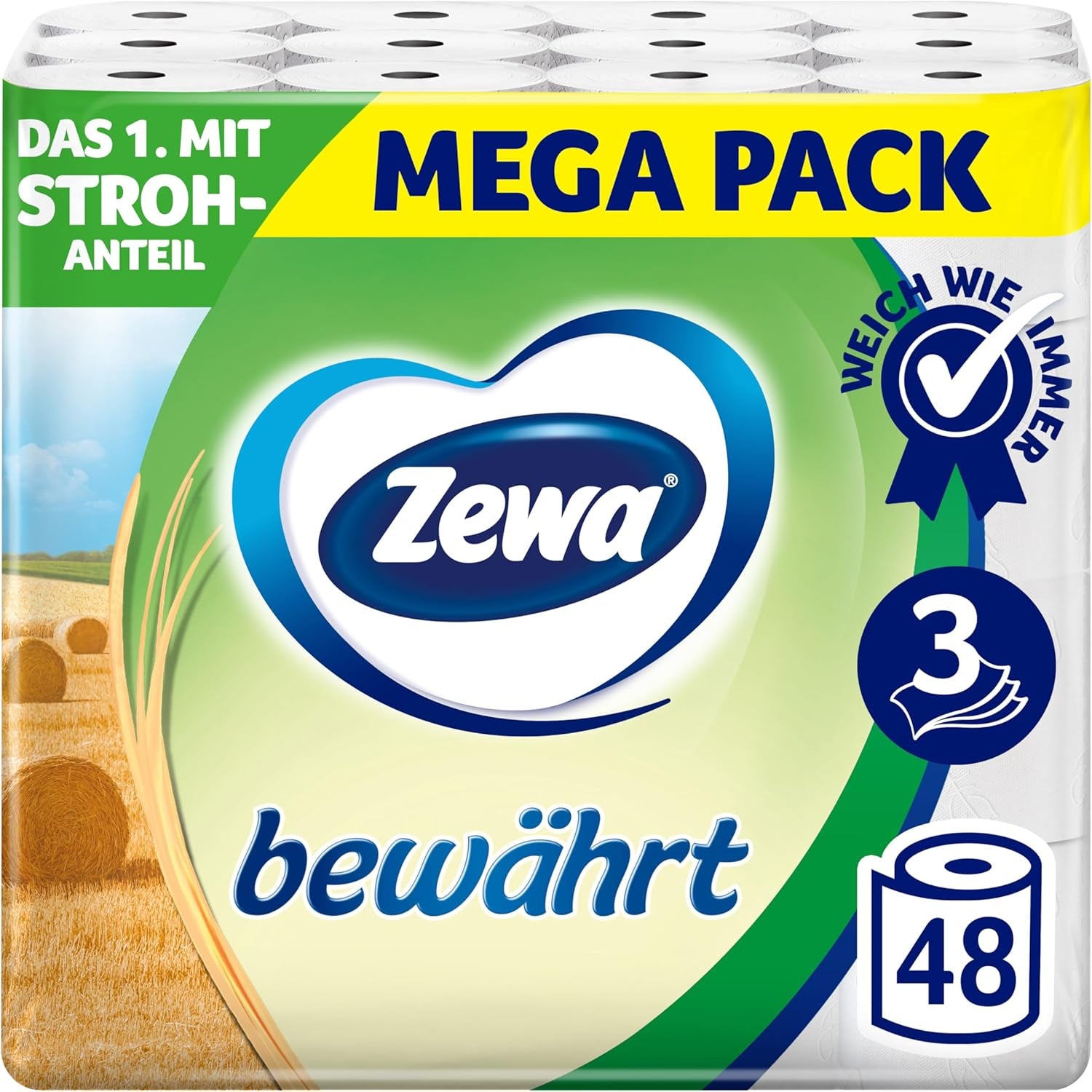 Zewa Proven - 48 ruller - Det første toiletpapir med halmindhold - 3 lag