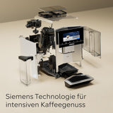 Siemens EQ900 automatisk espressomaskine, stor TFT-farveskærm, 2 bønnebeholdere, 36 varme og kolde drikke, kold kaffe, super støjsvag, to kopsfunktion, appkontrol, rustfrit stål, TQ907D03