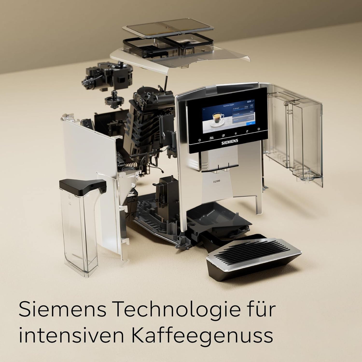 Siemens EQ900 automatisk espressomaskine, stor TFT-farveskærm, 2 bønnebeholdere, 36 varme og kolde drikke, kold kaffe, super støjsvag, to kopsfunktion, appkontrol, rustfrit stål, TQ907D03