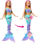 Barbie Meerjungfrauen-Spielzeug Puppe mit magischer Überraschungs Blüte, Schwanzflosse mit Farbverlauf, perlenbesetzten Haarreif og lange blonde Haar med rosa Strehchen, JDM72