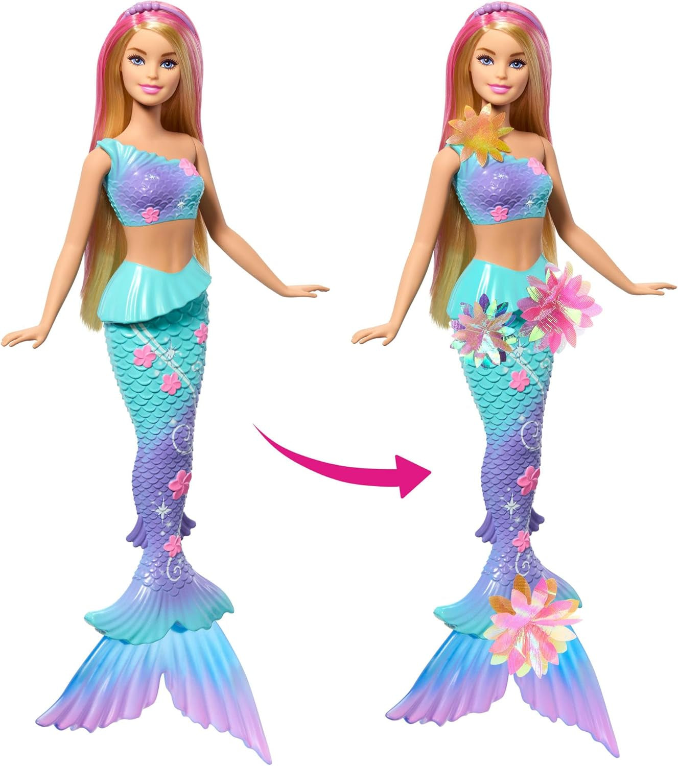 Barbie Meerjungfrauen-Spielzeug Puppe mit magischer Überraschungs Blüte, Schwanzflosse mit Farbverlauf, perlenbesetzten Haarreif og lange blonde Haar med rosa Strehchen, JDM72
