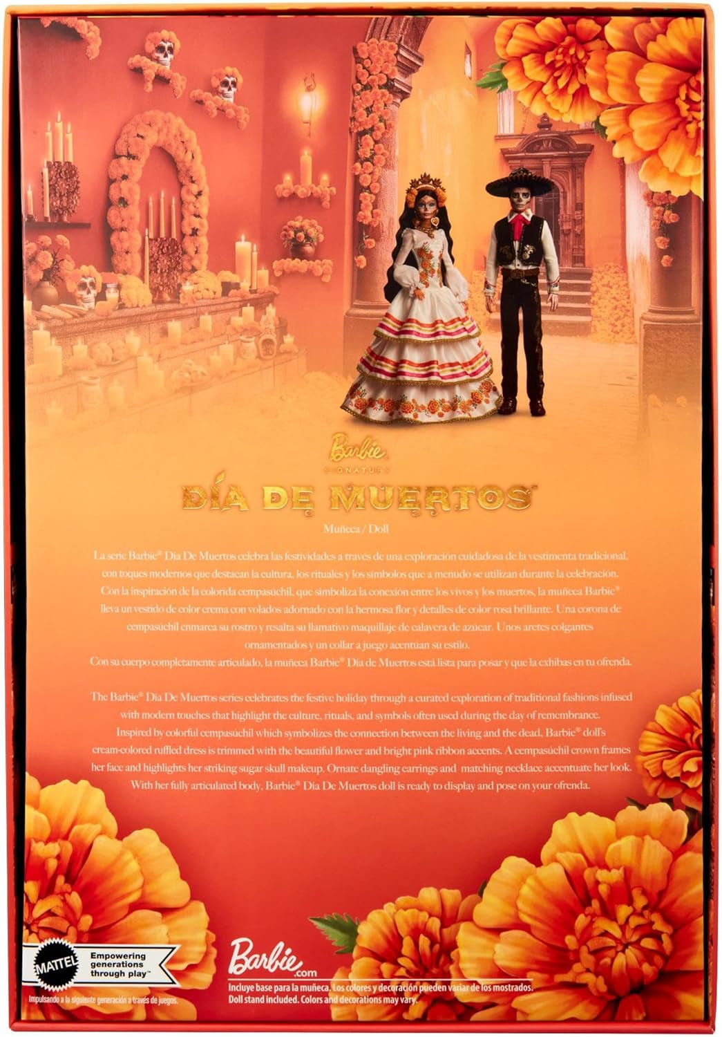 Barbie Signature Day of the Dead 2025 dukke-samlerfigur i cremefarvet kjole med flæser, morgenfruer og sløjfer, blomsterkrone i hår og Calavera-ansigtsmaling, JBJ05