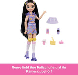 Dream Besties Barbie Dukke og tilbehør, Mode Barbie Renee Dukke med rulleskøjteløb og sort hår, 12 tematilbehør med videoer og mad, JFX99