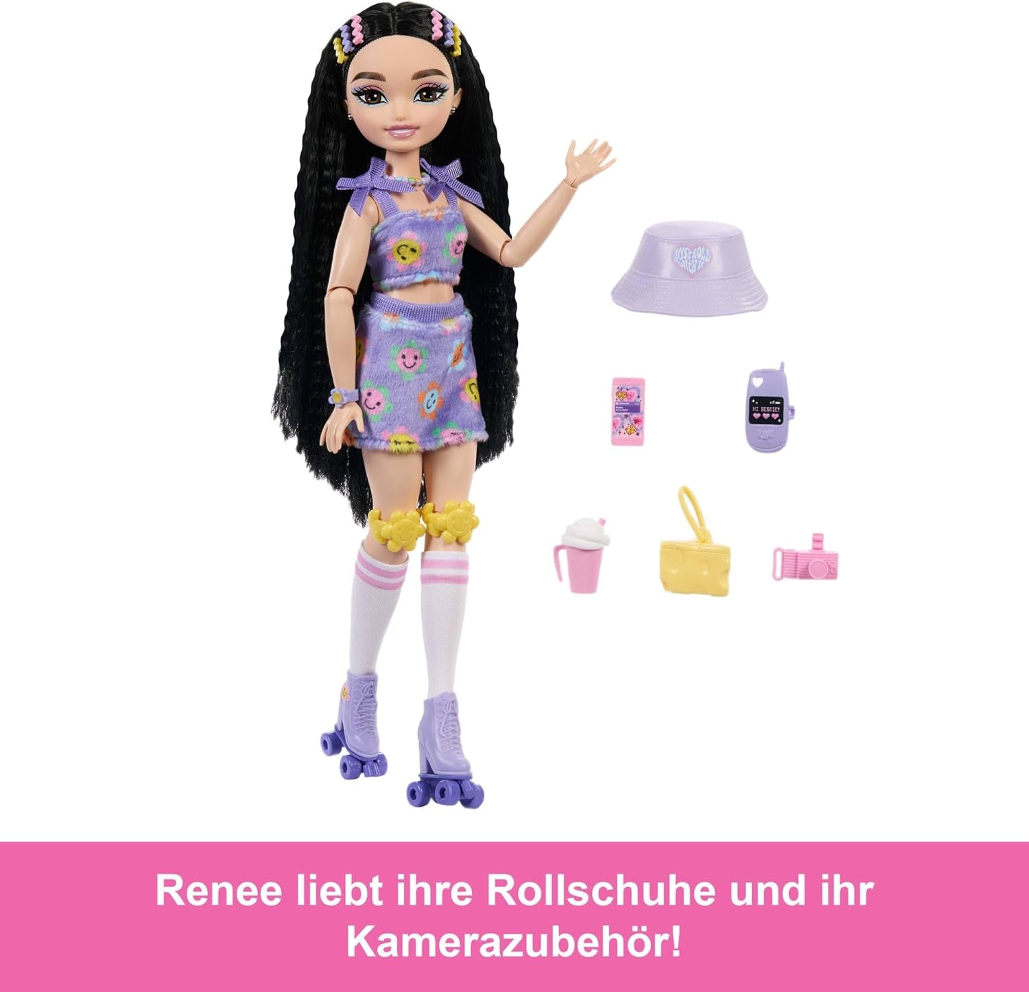 Dream Besties Barbie Dukke og tilbehør, Mode Barbie Renee Dukke med rulleskøjteløb og sort hår, 12 tematilbehør med videoer og mad, JFX99