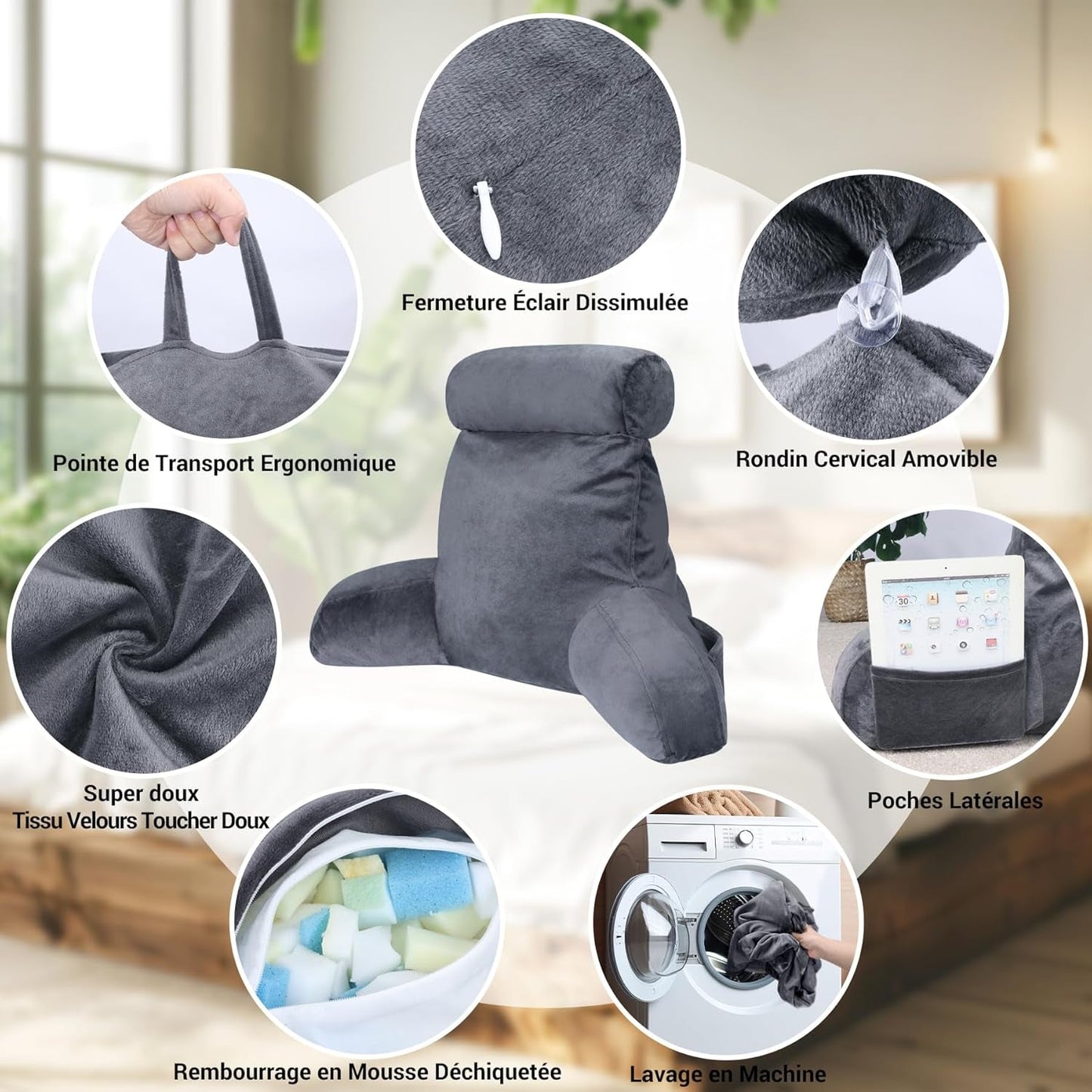 INFANZIA ergonomisk læsepude med armlæn, memory foam rygstøtte, grå, M