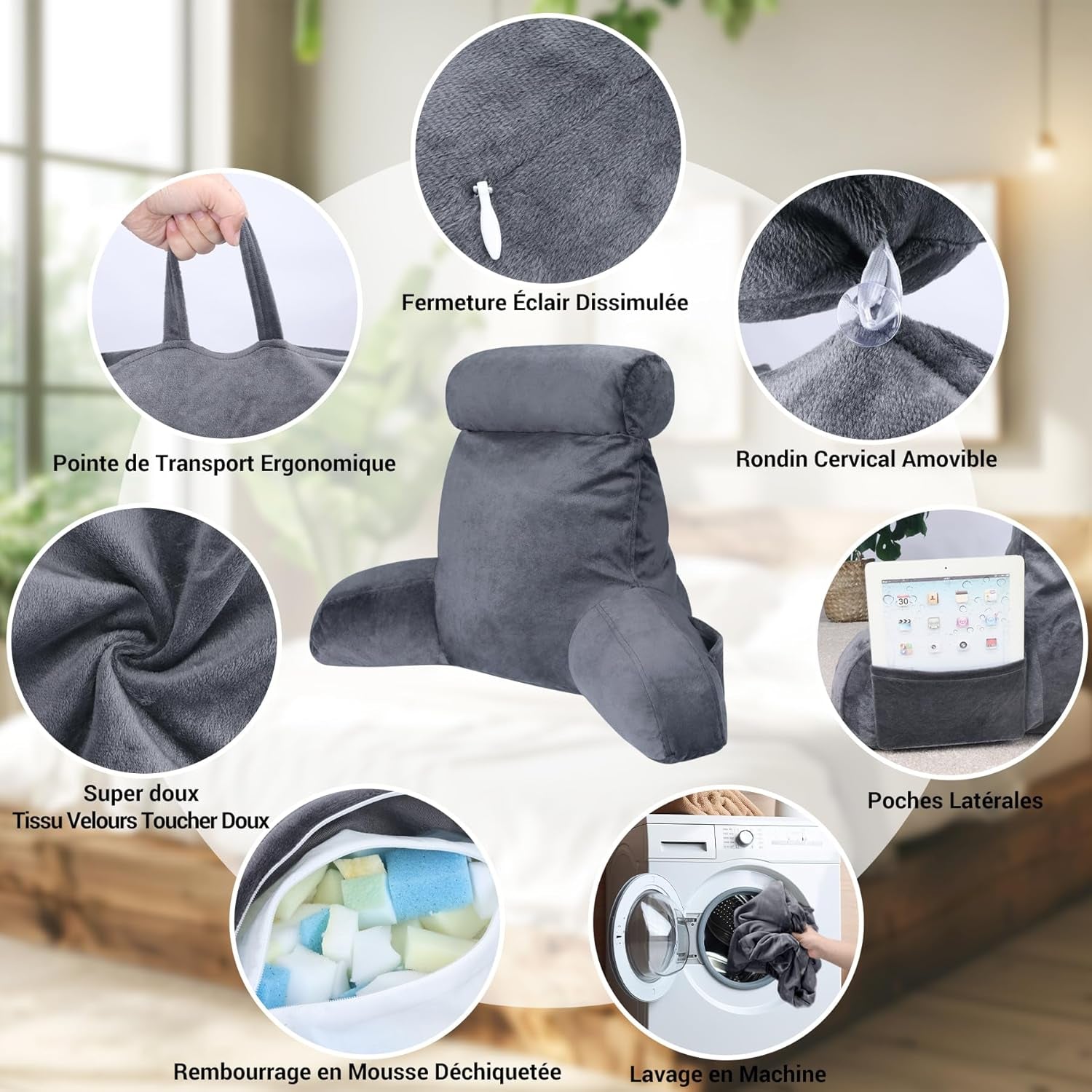 INFANZIA ergonomisk læsepude med armlæn, memory foam rygstøtte, grå, M
