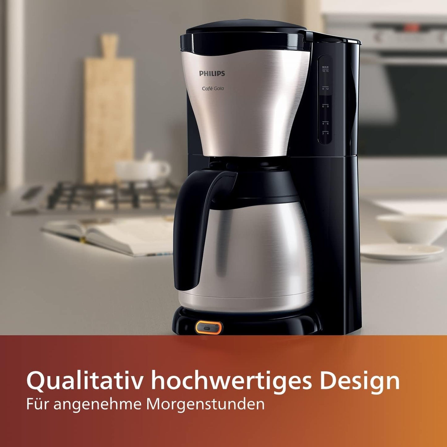 PHILIPS Café Gaia Filter Espressomaskine - Termokande i rustfrit stål, Anti-drypsystem, Intens Aroma, Auto-Off, 1300ml, Sort (HD7546/20)