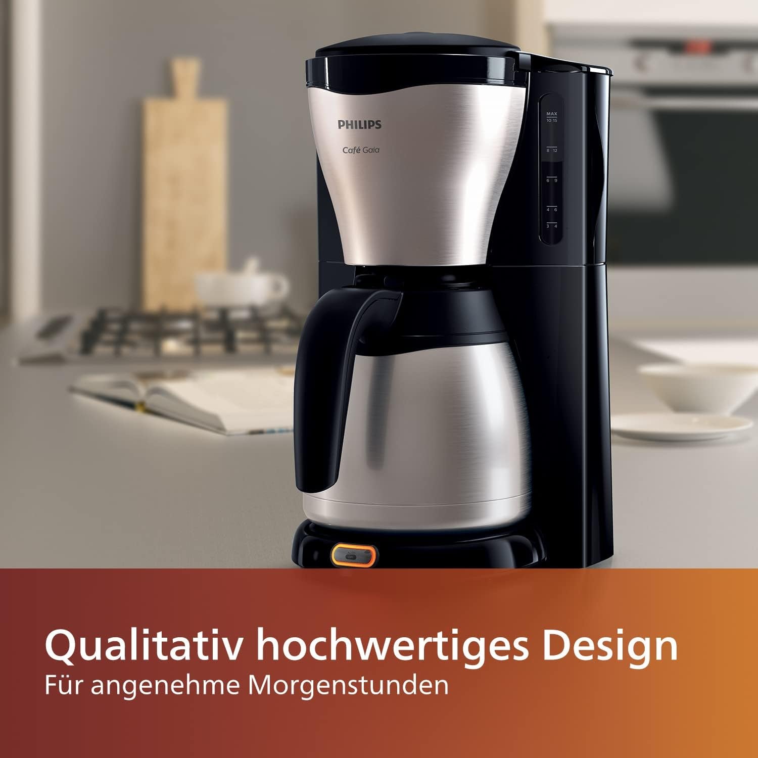 PHILIPS Café Gaia Filter Espressomaskine - Termokande i rustfrit stål, Anti-drypsystem, Intens Aroma, Auto-Off, 1300ml, Sort (HD7546/20)