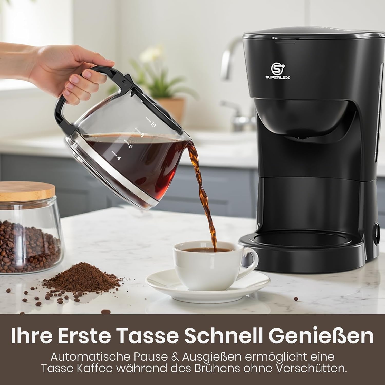 1,25L filterkaffemaskine til 10 kopper filterkaffe, glaskaraffel, der tåler opvaskemaskine, termokande, anti-drypsystem, automatisk sluk, 600W, vandfri kogebeskyttelse til hjemmet og kontoret