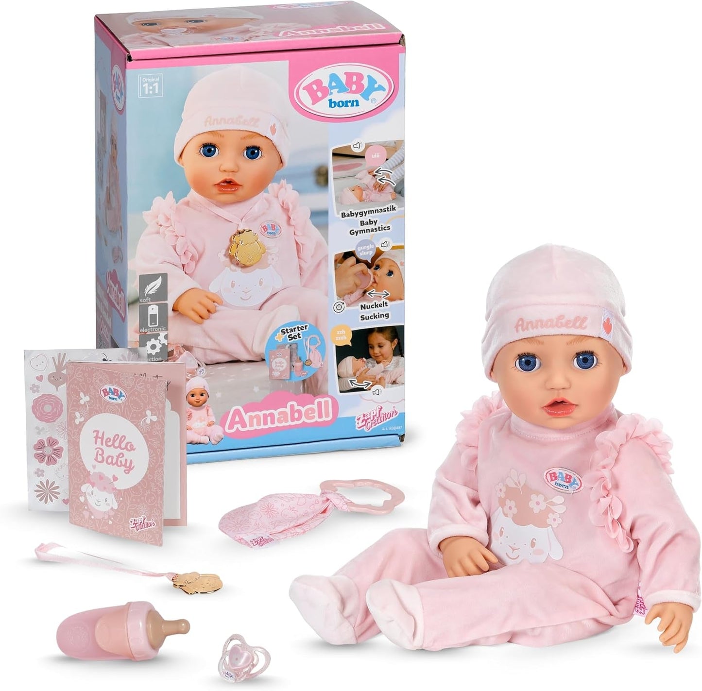 BABY Born Annabell 43 cm - Blød dukke med 7 elektroniske funktioner og lyd - Velegnet til børn fra 3 år og opefter - Dukken inkluderer tilbehør - Kræver batterier