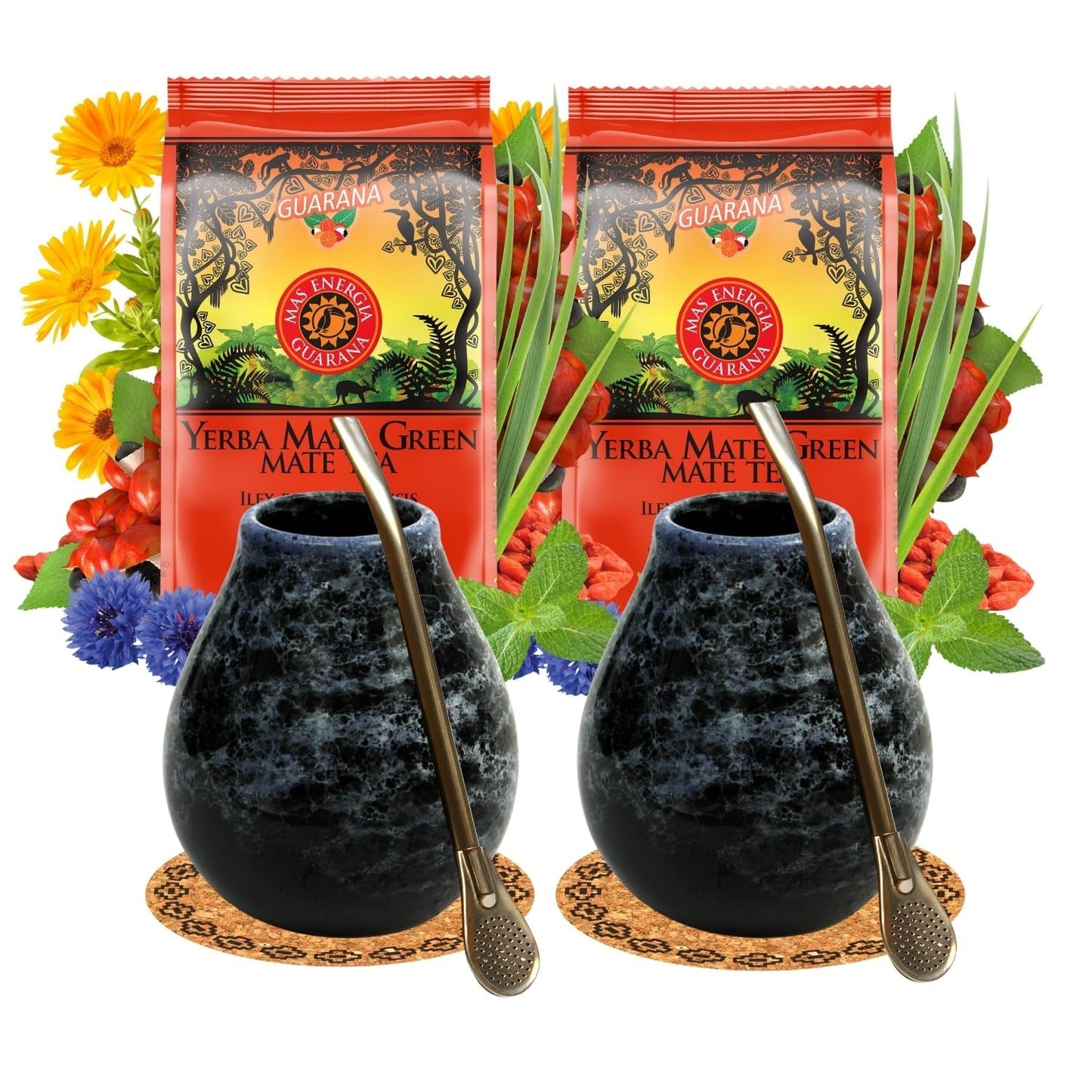 Yerba Mate tesæt til 2 personer – Mas Energia Guarana 400 g – Marmol Blå keramikkrus 350 ml – Rustfrit stål Bombilla 19 cm – Løs te 2 x 200 g