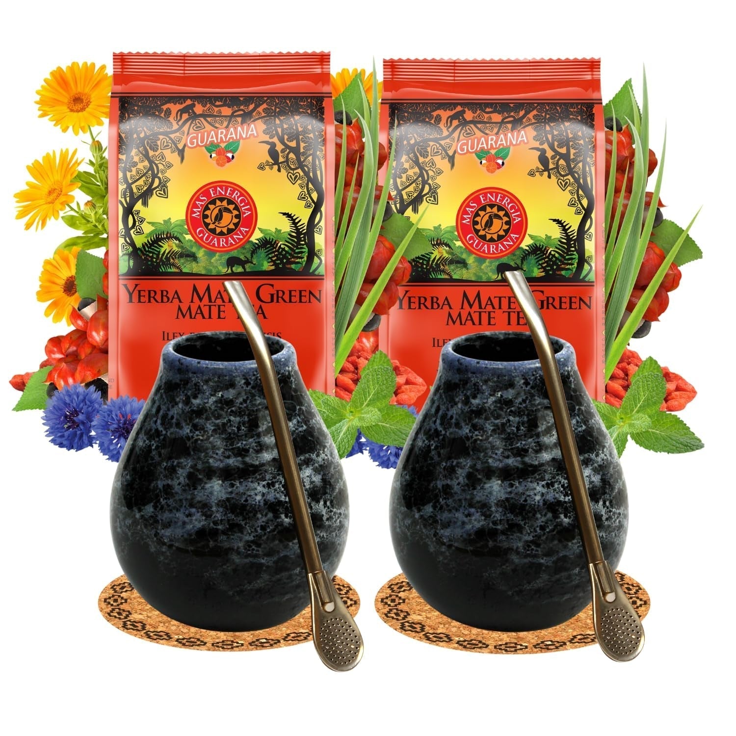 Yerba Mate tesæt til 2 personer – Mas Energia Guarana 400 g – Marmol Blå keramikkrus 350 ml – Rustfrit stål Bombilla 19 cm – Løs te 2 x 200 g