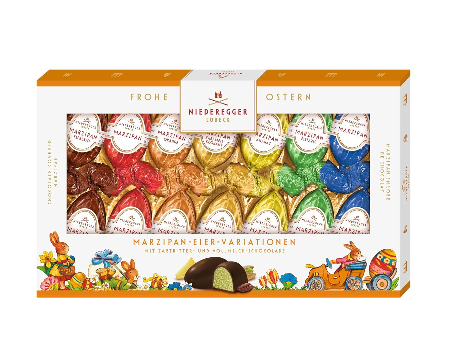 Niederegger | Marcipanæg | 1 x 175g | Varianter: Klassisk, Mælkechokolade, Appelsin, Karamel Crunch, Ananas, Espresso og Pistacie | Dækket med mørk og mælkechokolade | påske gave