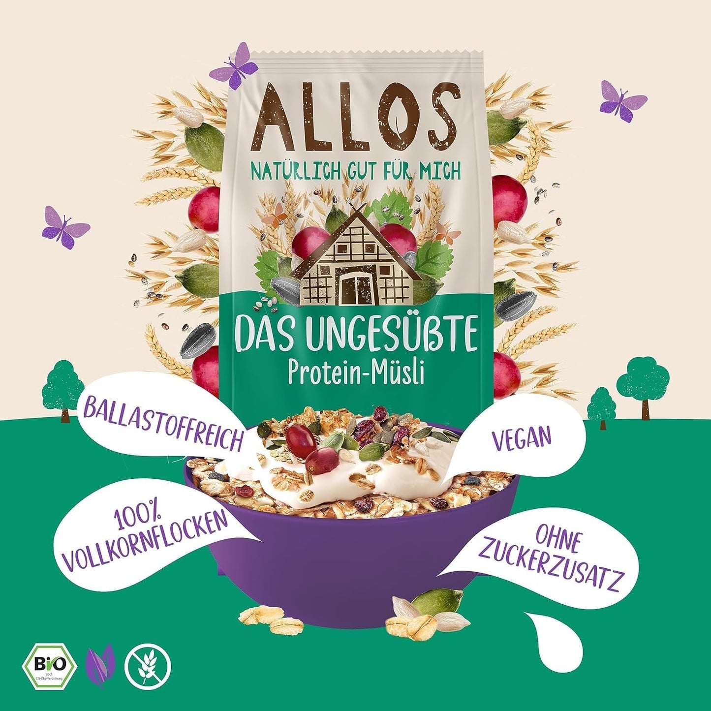Allos usødet protein müsli | Økologisk müsli | Havregryn | Korn til morgenmad | Vegansk (5 x 450 g), 1 stk (pakke med 5)