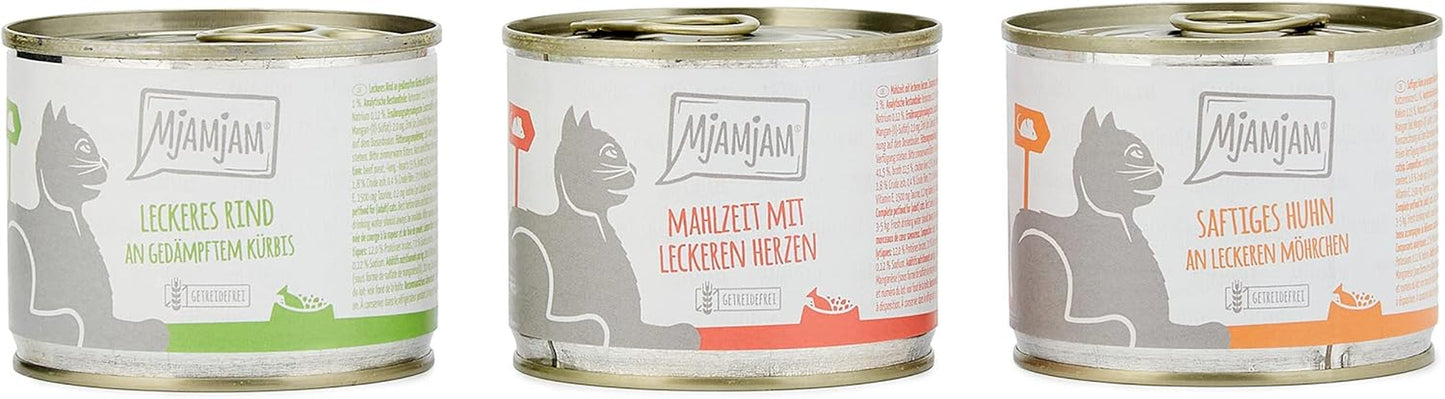 MjAMjAM - Premium våd kattefoder - Blandet pakke I - Kylling, oksekød, hjerter 6-pak (6 x 200 g), kornfri med ekstra kød