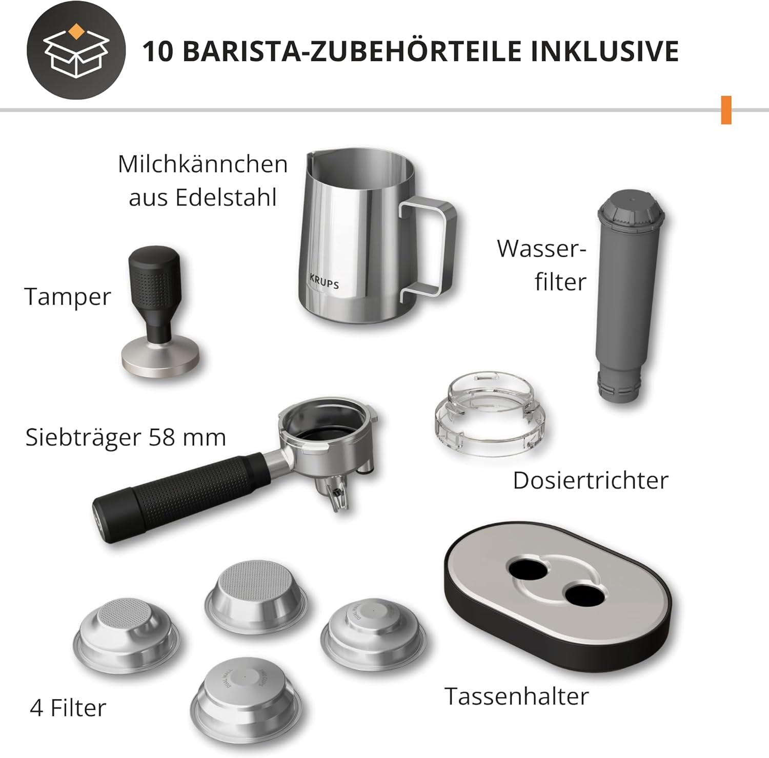 Krups Precision manuel espressomaskine med portafilter og kværn, barista kaffemaskine med intuitivt kontrolpanel, præ-infusionsindstillinger, espressomaskine med dampmundstykke, hurtig opvarmning, XP801T10